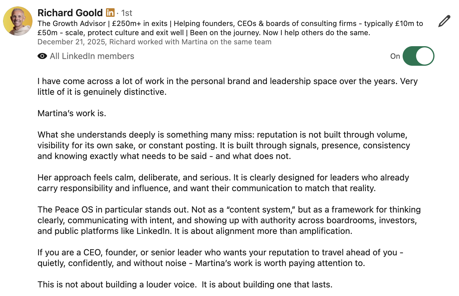 Richard Goold 5-star review of Martina Kikic's executive personal branding and reputation work