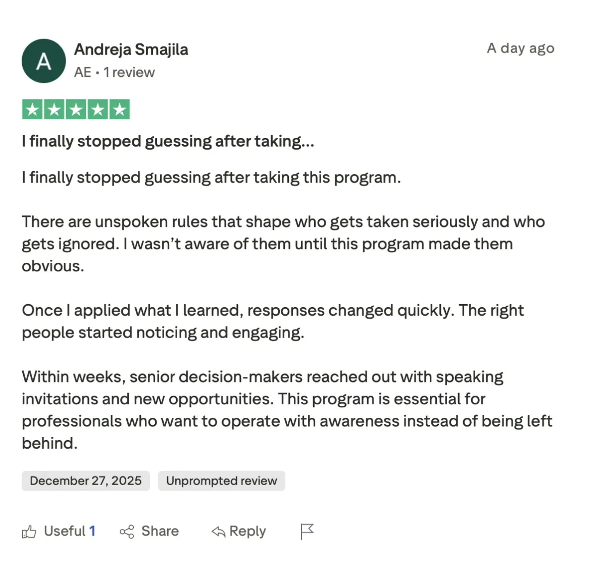 Andreja Smajila 5-star review: senior leaders reached out with speaking invitations after the program