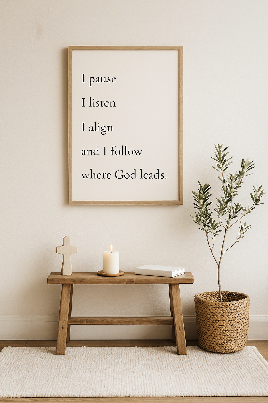 Framed faith quote above a wooden bench with a candle, cross and olive tree.