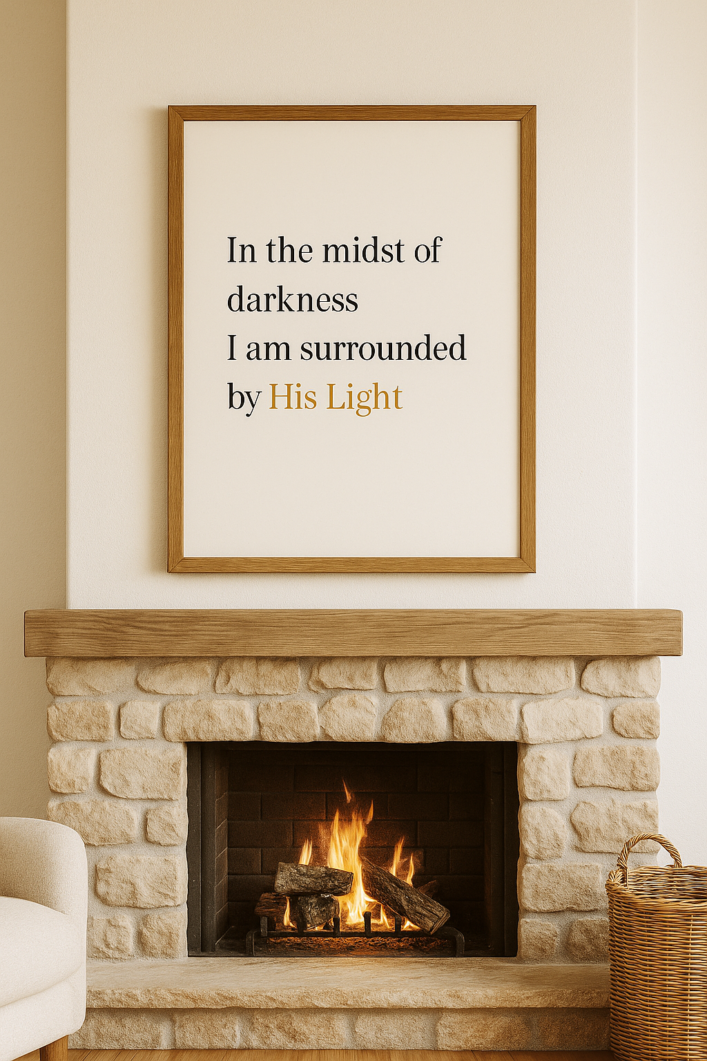 Fireplace beneath a framed quote reading, “In the midst of darkness I am surrounded by His Light."