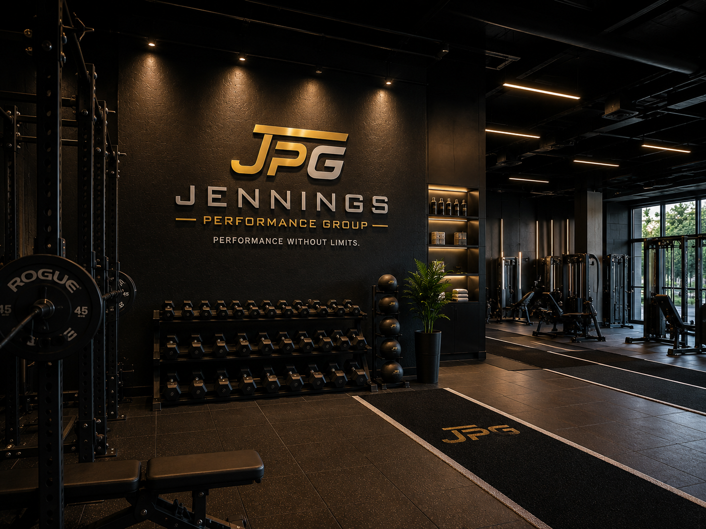 Interior of a modern gym with black walls, gym equipment, and a large sign reading 'JPG Jennings Performance Group'.