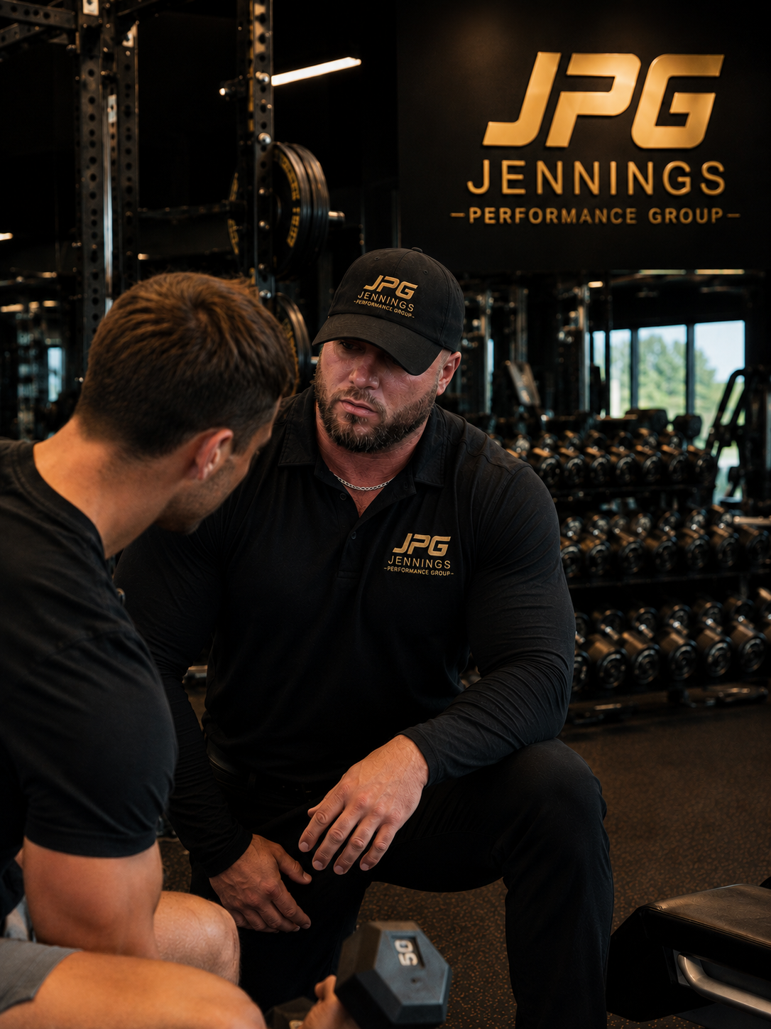 Two men having a discussion in a gym with weightlifting equipment, one wearing a black cap and shirt with 'JPG Jennings Performance Group' logo, the other in a black shirt, with a large 'JPG Jennings Performance Group' sign on the wall behind them.