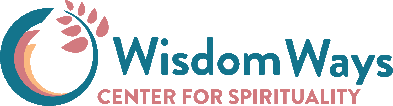 Logo for Wisdom Ways Center for Spirituality, featuring a stylized tree with pink leaves next to the text.