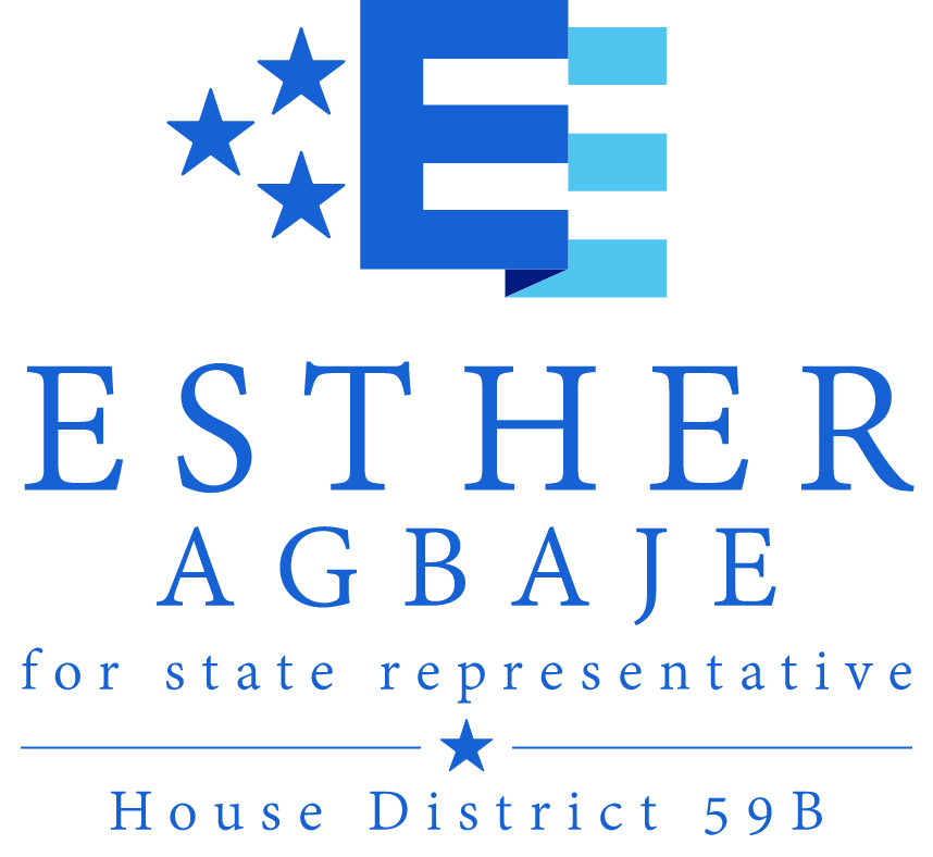 Campaign logo for Esther Agbaje, running for state representative in House District 59B. Features a stylized blue 'E' with four blue stars and text in blue reading 'Esther Agbaje for state representative, House District 59B'.