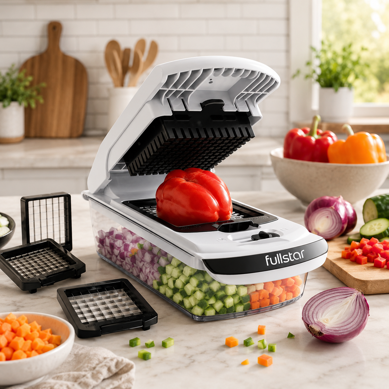 A Fullstar vegetable chopper on a kitchen countertop with a red bell pepper inside. Surrounding the chopper are chopped vegetables, including onions, cucumbers, carrots, and diced peppers, with a bowl of red and yellow bell peppers and other vegetables in the background.