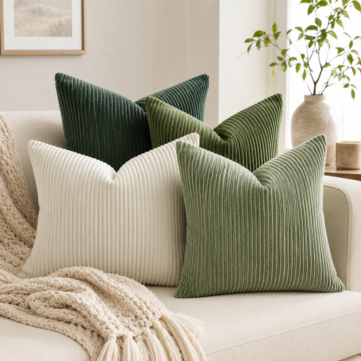 A beige sofa decorated with six corduroy pillows in shades of green, cream, and white, with a chunky cream knitted throw blanket draped over the armrest. A large beige vase with green foliage is in the background, near a window.
