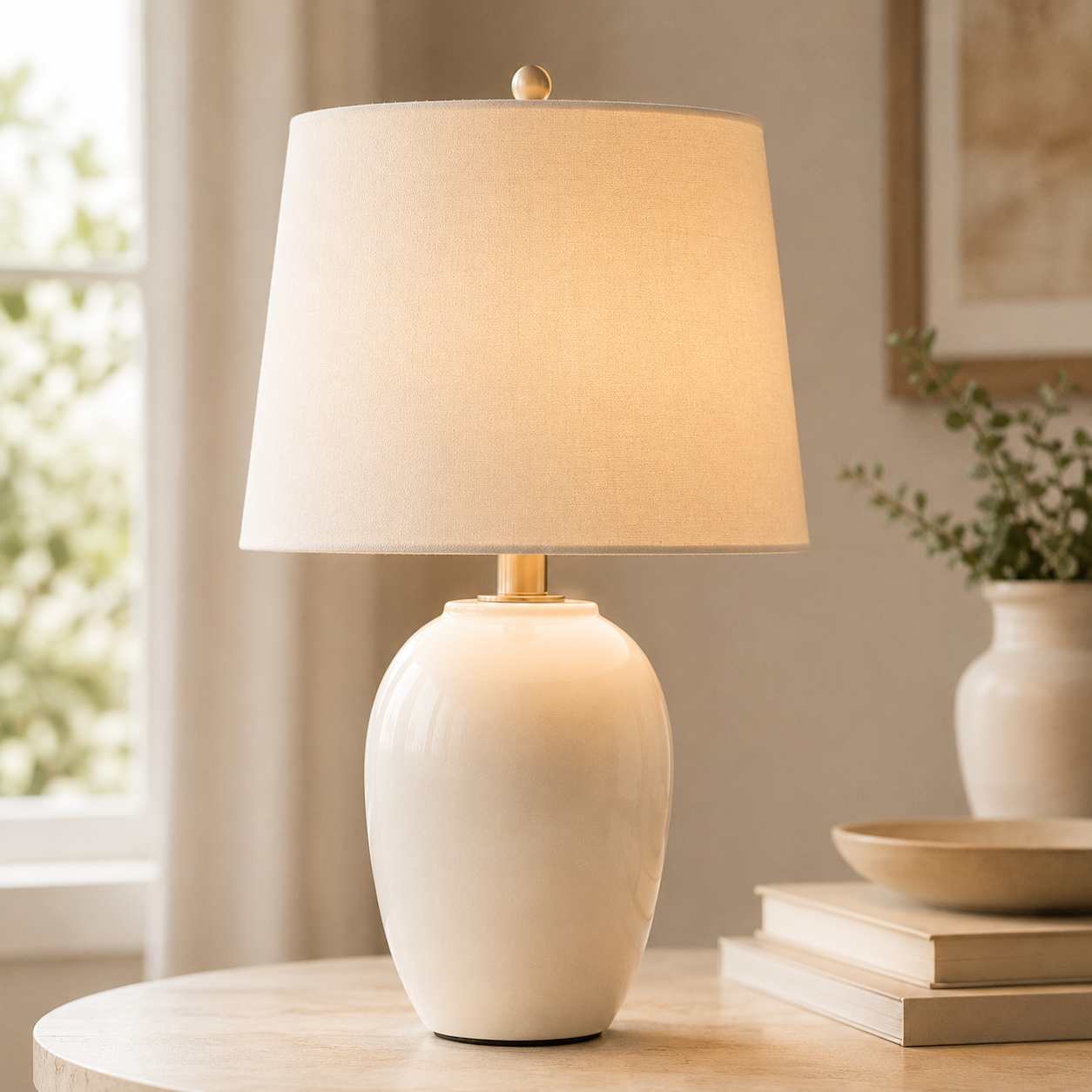 A beige table lamp with a ceramic base and a fabric shade on a wooden table, with a window and potted plant in the background.