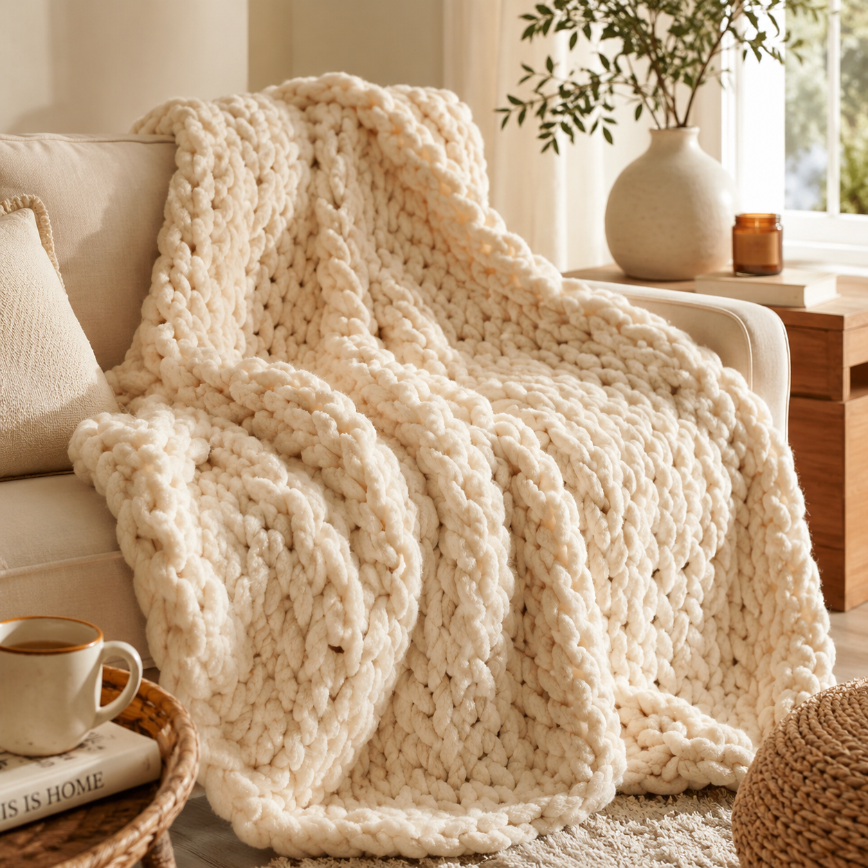 A cozy beige knitted blanket draped over a light-colored sofa in a sunlit living room, with a bookshelf, potted plant, and a coffee mug nearby.