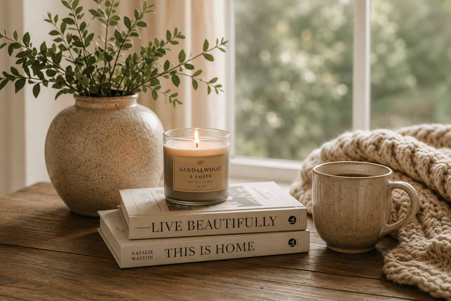 A cozy wooden table holds a potted green plant, a lit soy wax candle labeled "Sandalwood & Amber," a beige ceramic mug, and two stacked books titled "Live Beautifully" and "This Is Home" with a chunky knit blanket nearby. A window in the background shows a blurred view of trees.