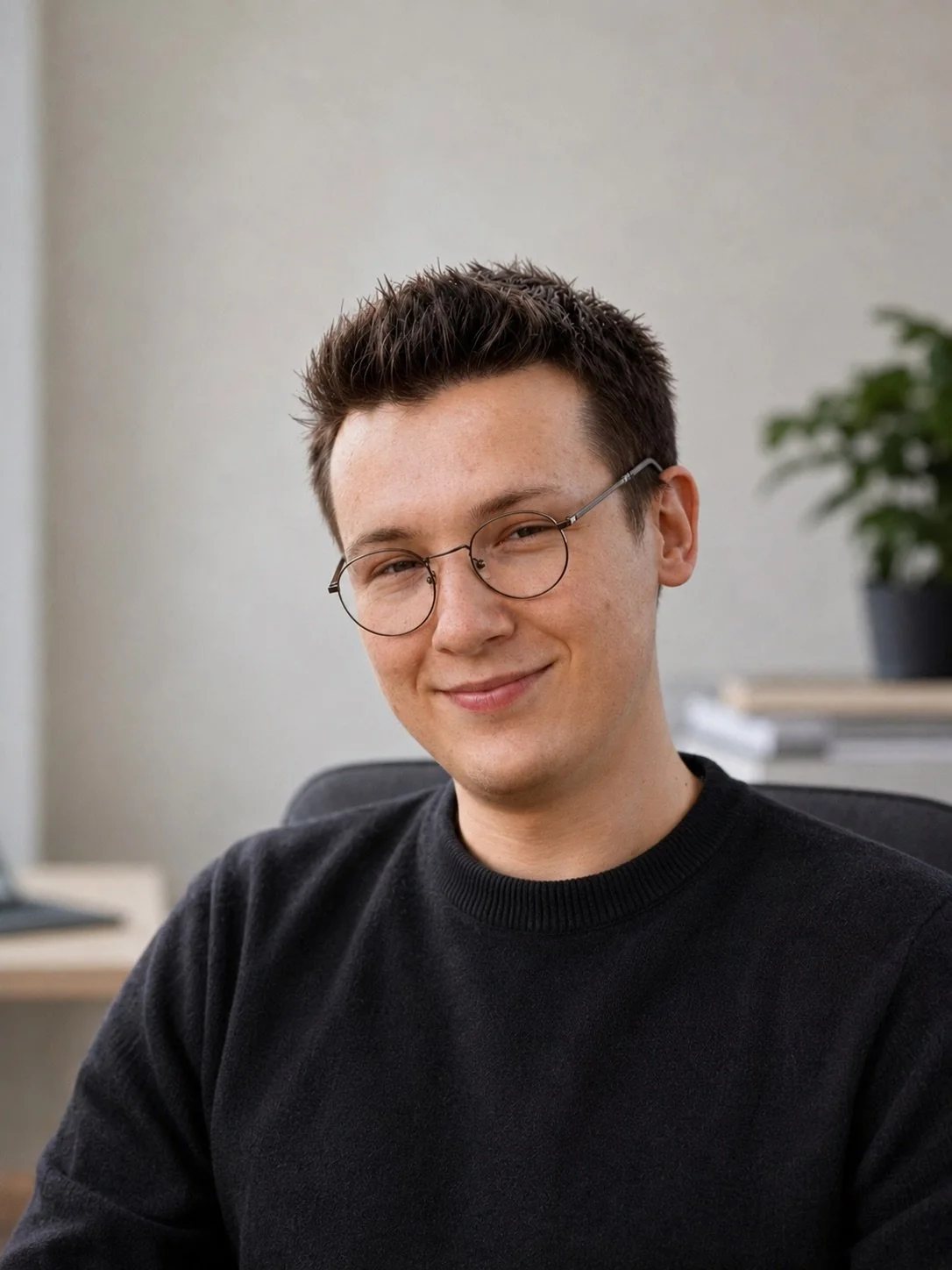 A young man with short dark hair, glasses, and a slight smile, seated in an office environment with a desk, some papers, and a potted plant in the background.