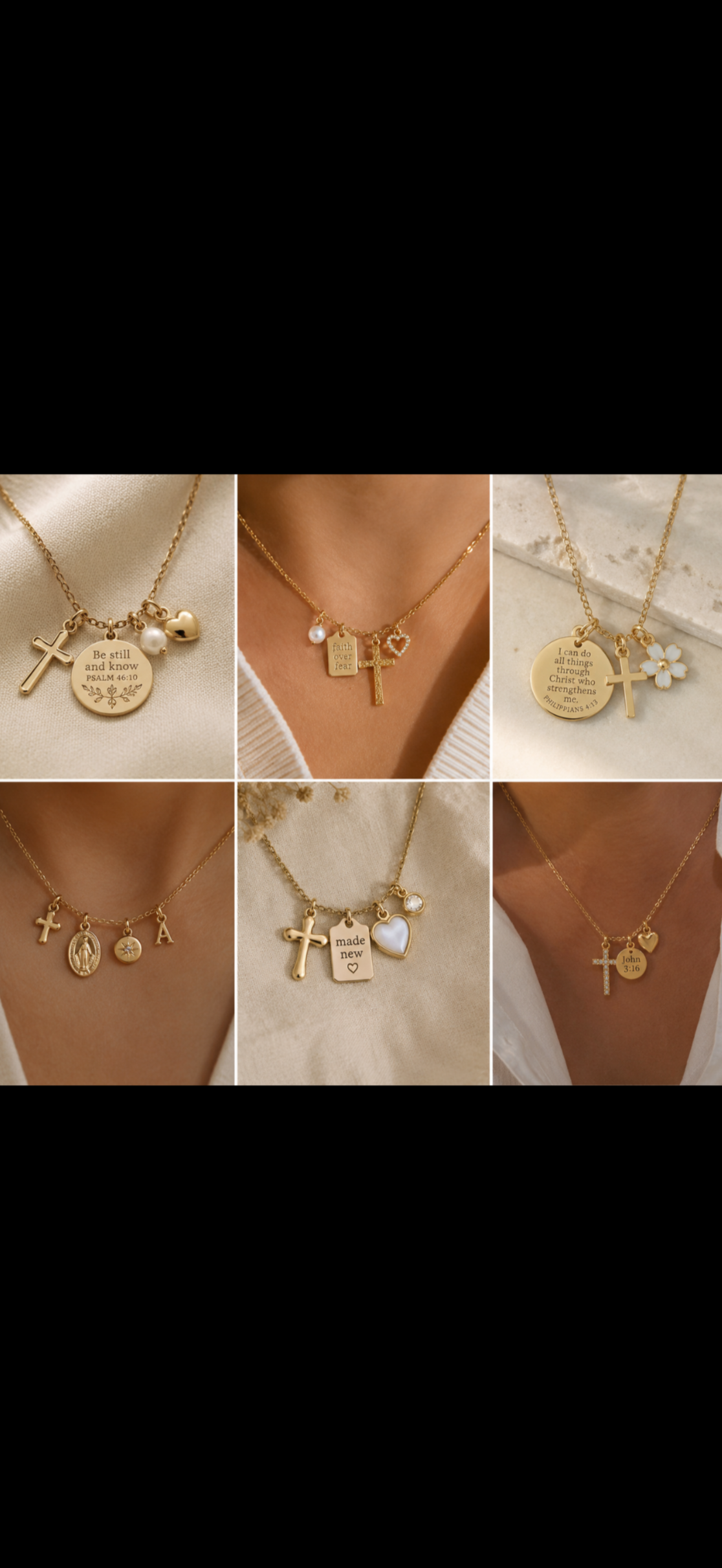 Collage of six gold necklaces with religious and inspirational pendants and charms, including crosses, a pearl, a heart, and Bible verses.