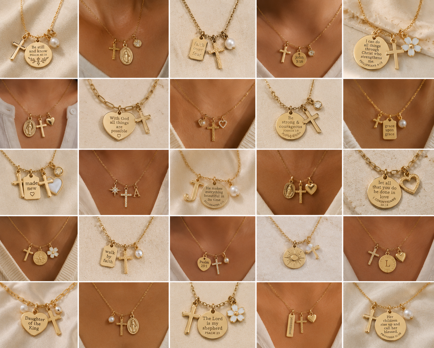 A collage of necklaces with religious and inspirational charms and pendants, including crosses, hearts, flowers, and scripture verses.
