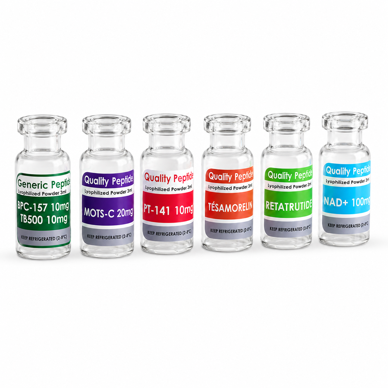Six small glass vials labeled with different peptides and powders, including generic peptides, MOTS-C, PT-141, TÉSAMORELIN, RETATRUTIDE, and NAD+, arranged in a row on a white background.