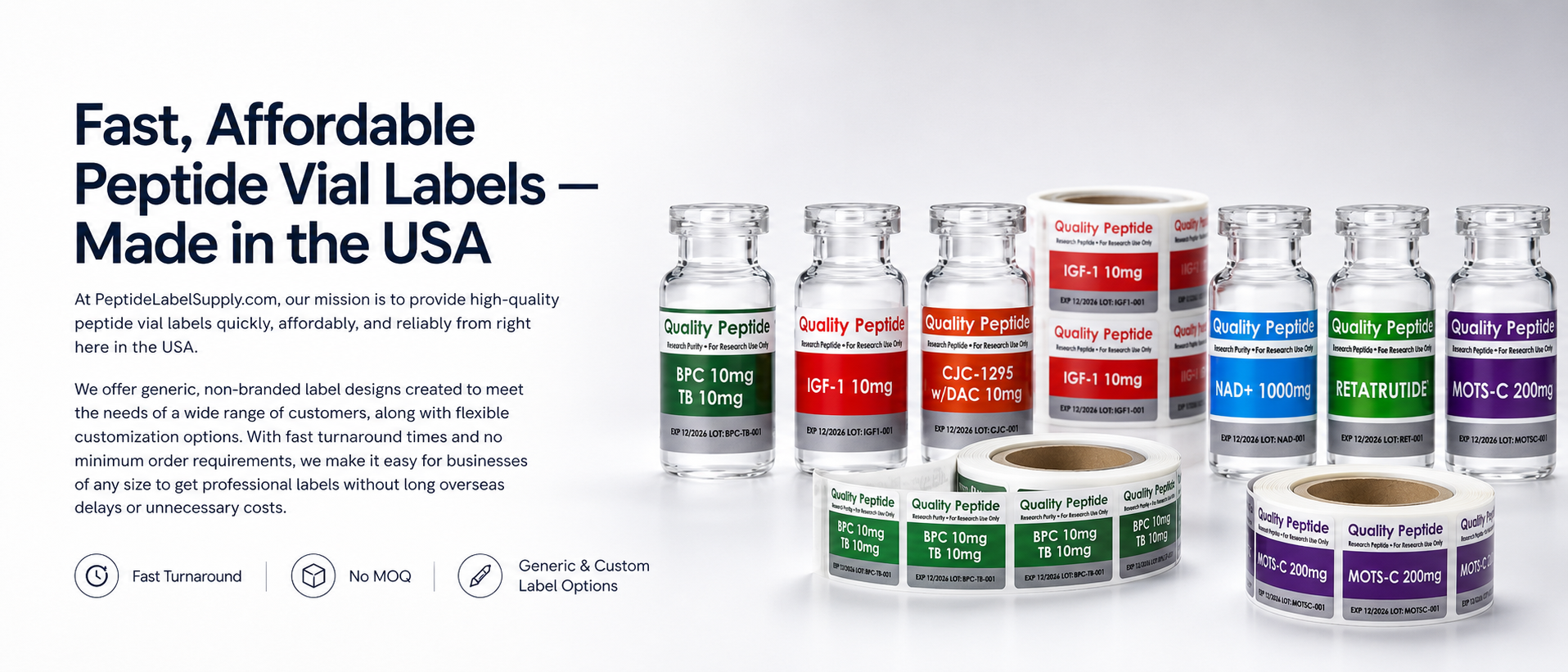 Image of various peptide vial labels in different colors including green, red, blue, and purple, with text such as 'Quality Peptide' and specific details like dosage and research use.