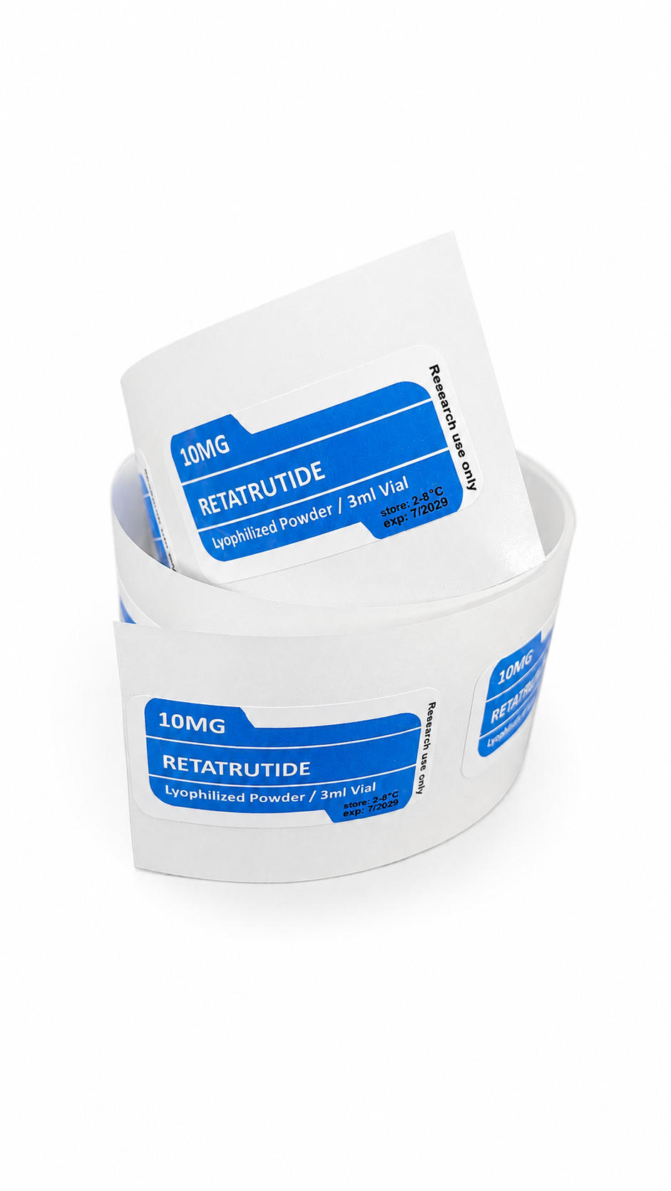 Blister packs and a strip of blue and white label oral medication, Retatrutide, in lyophilized form, 10mg dosage, stored at 2-8°C, with expiration date of July 2029.