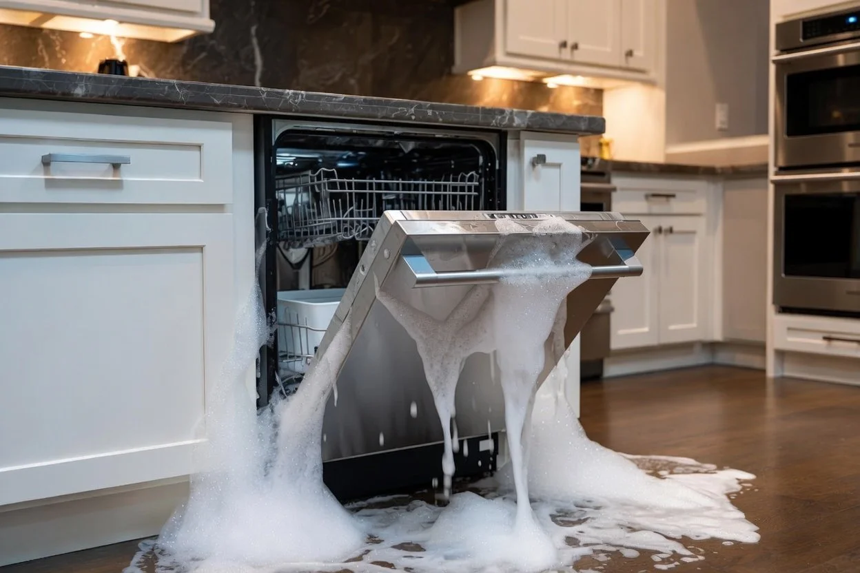 A dishwasher with its door open and soap suds overflowing onto the kitchen floor.