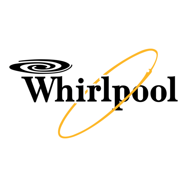Whirlpool logo with black text, a black whirlpool icon, and a yellow oval orbiting the text.
