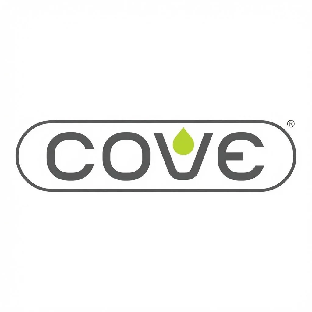 Logo with the word 'cove' in gray letters, featuring a green water droplet replacing the letter 'v', enclosed in a rounded rectangular border.