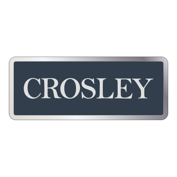 A nameplate with a dark background and silver border displaying the name "Crosley."