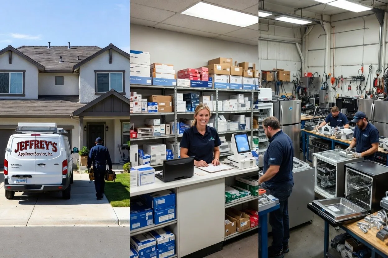 Left side: the exterior view of a house with a branded appliance service van parked in the driveway and a technician walking toward the front door. Right side: an indoor warehouse or workshop where staff are working on appliances, with shelves stocked with boxes and tools.