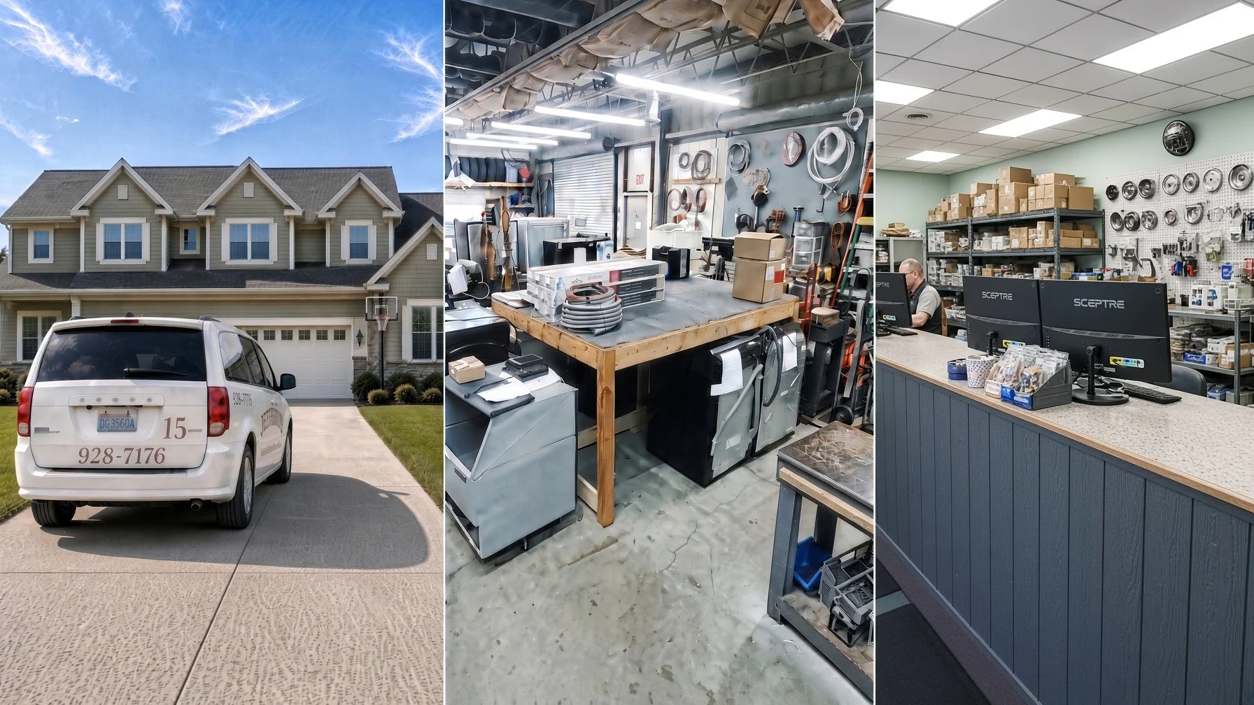 Triptych of images showing a residential house with a car in the driveway, an industrial workspace with appliances and tools, and a retail store with shelving and a cashier counter.