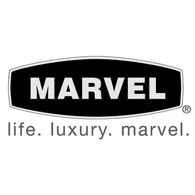 Black and white Marvel logo with the slogan 'life. luxury. marvel.' underneath.