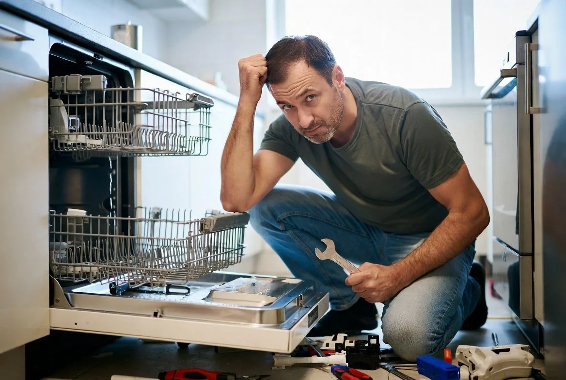 A man kneeling on the floor of a kitchen, fixing a dishwasher with a wrench in hand, looking confused or worried.