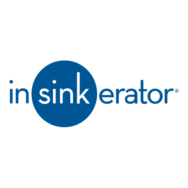 Logo for Sink erator featuring the words 'in sink erator' with 'sink' inside a blue circle.