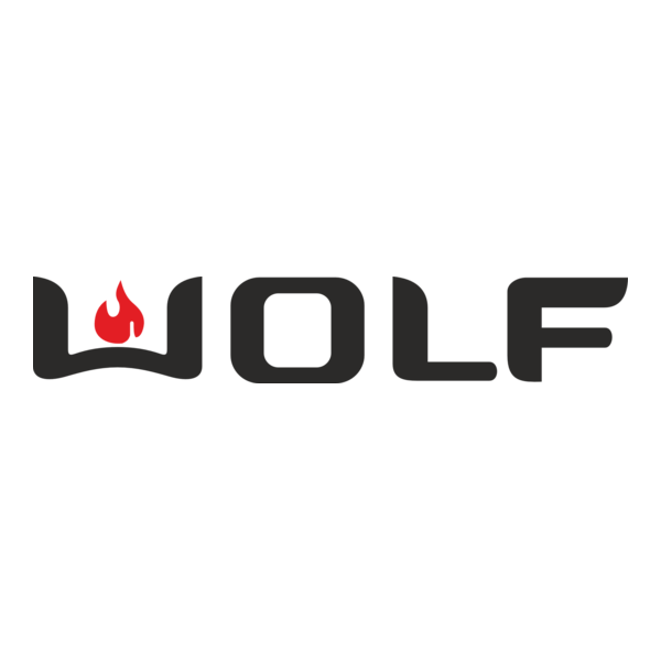 The word "WOLF" written in black capital letters with a red flame above the letter "W."