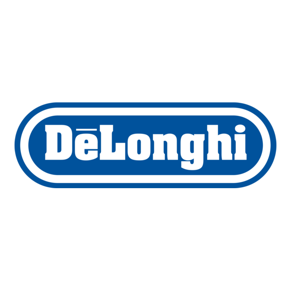 DeLonghi logo in blue and white with rounded rectangular border.