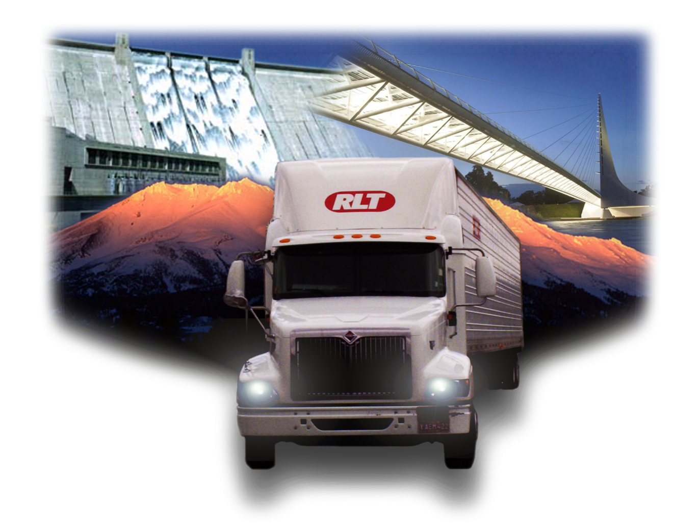 A white cargo truck with the logo 'RLT' on the front, set against a surreal background featuring a dam, a mountain, and a modern bridge.