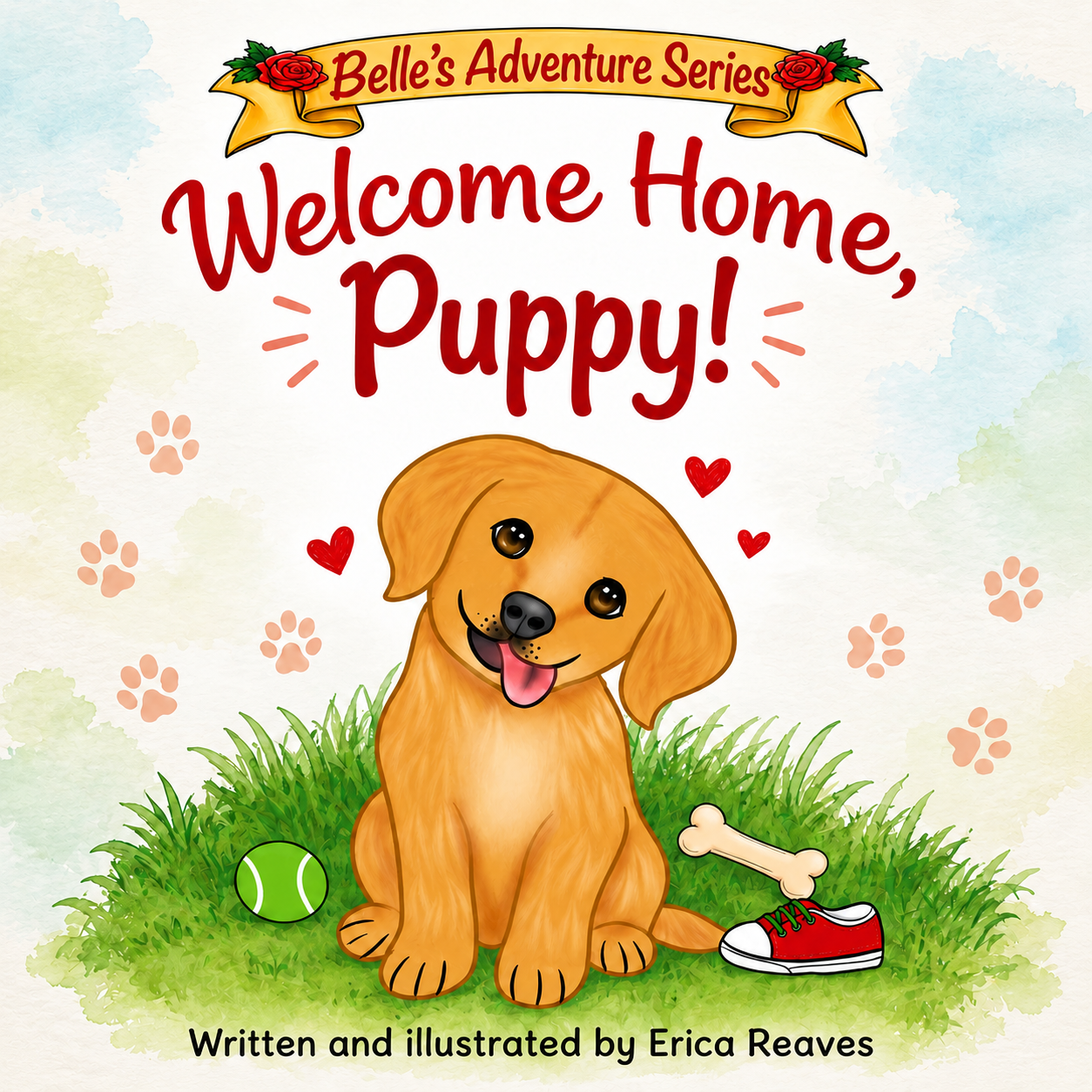 Cover page of a children's book titled "Welcome Home, Puppy!" from Belle's Adventure Series, featuring an illustration of a happy puppy sitting on grass with a tennis ball, a bone, and a sneaker, surrounded by paw prints and hearts.