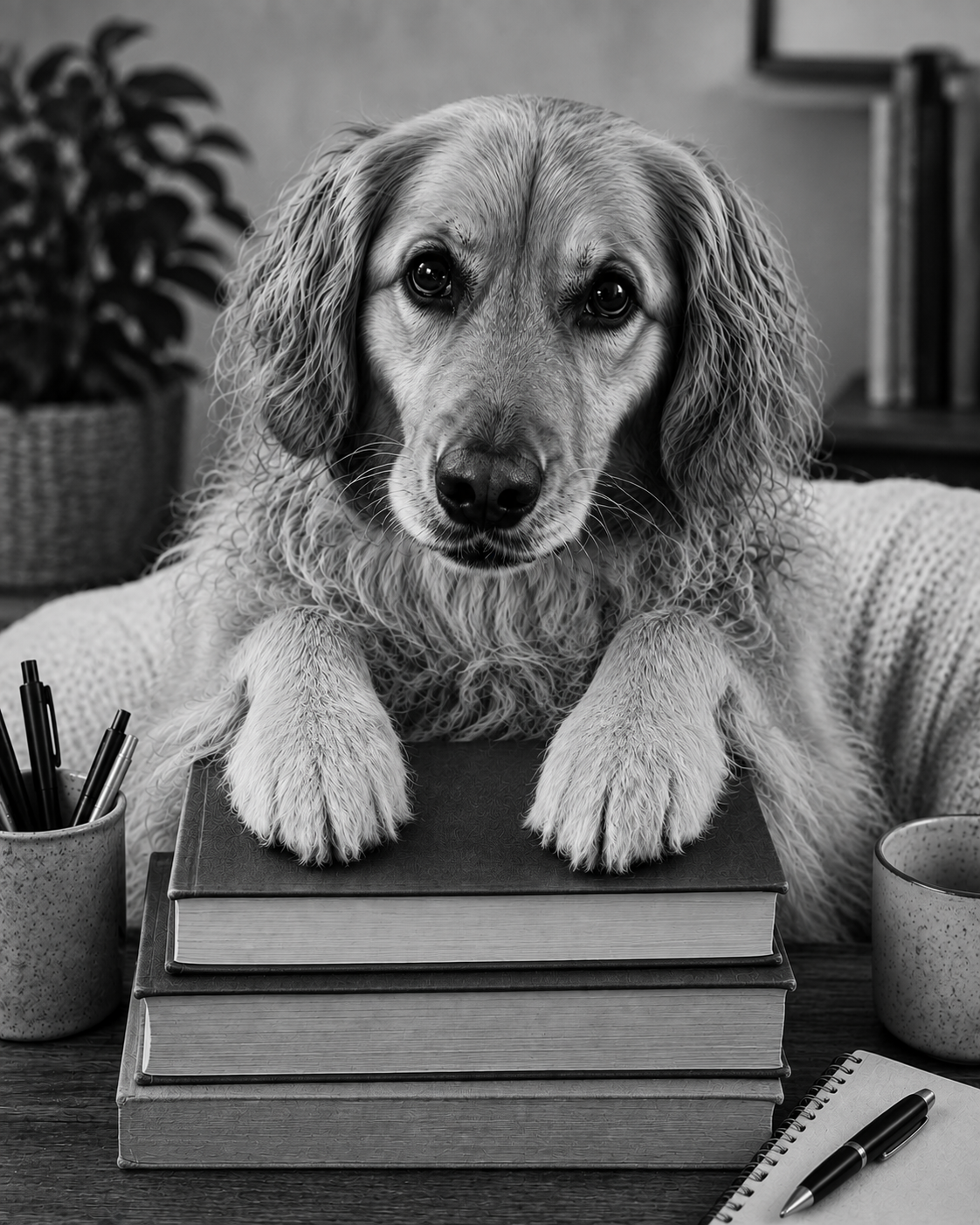Black and white photo of a cute dog with floppy ears and long fur resting its paws on a stack of books on a desk, with pens and a notebook nearby, in a cozy indoor setting.