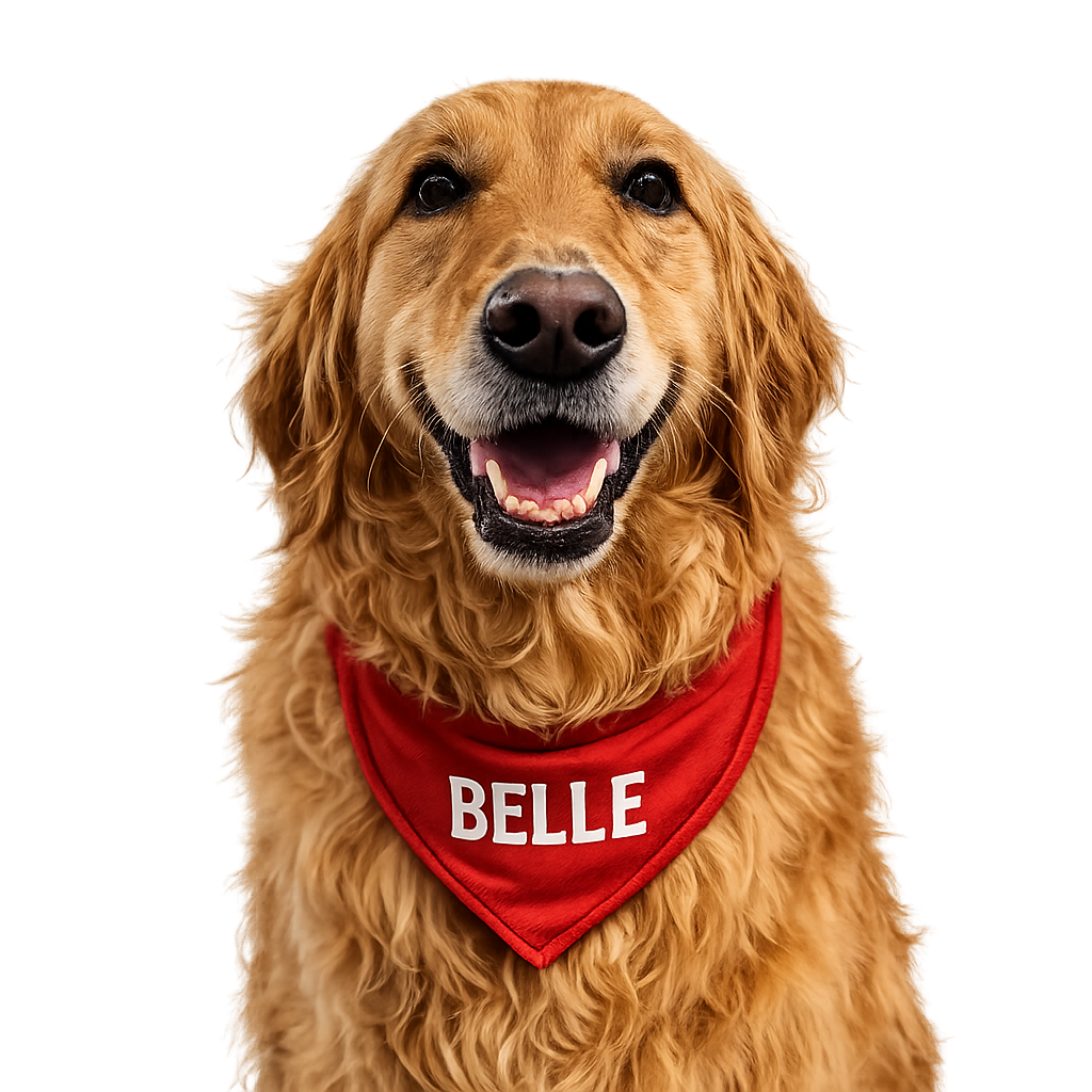 A happy golden retriever wearing a red bandana with the name 'BELLE' on it, against a neutral background.