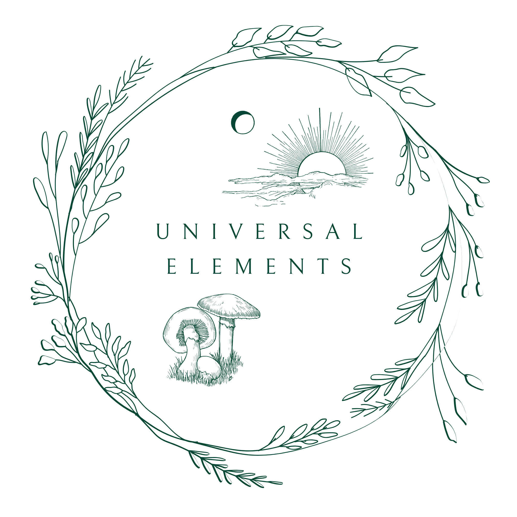 wreath made of branches with a picture of the sun, a moon, and mushrooms that says universal elements