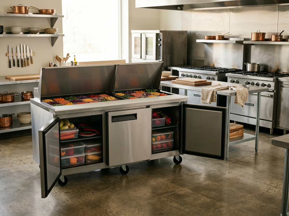 Dukers DSP72-30M-S3 72" Mega Top 3-Door Prep Table Refrigerator | Corners Supply