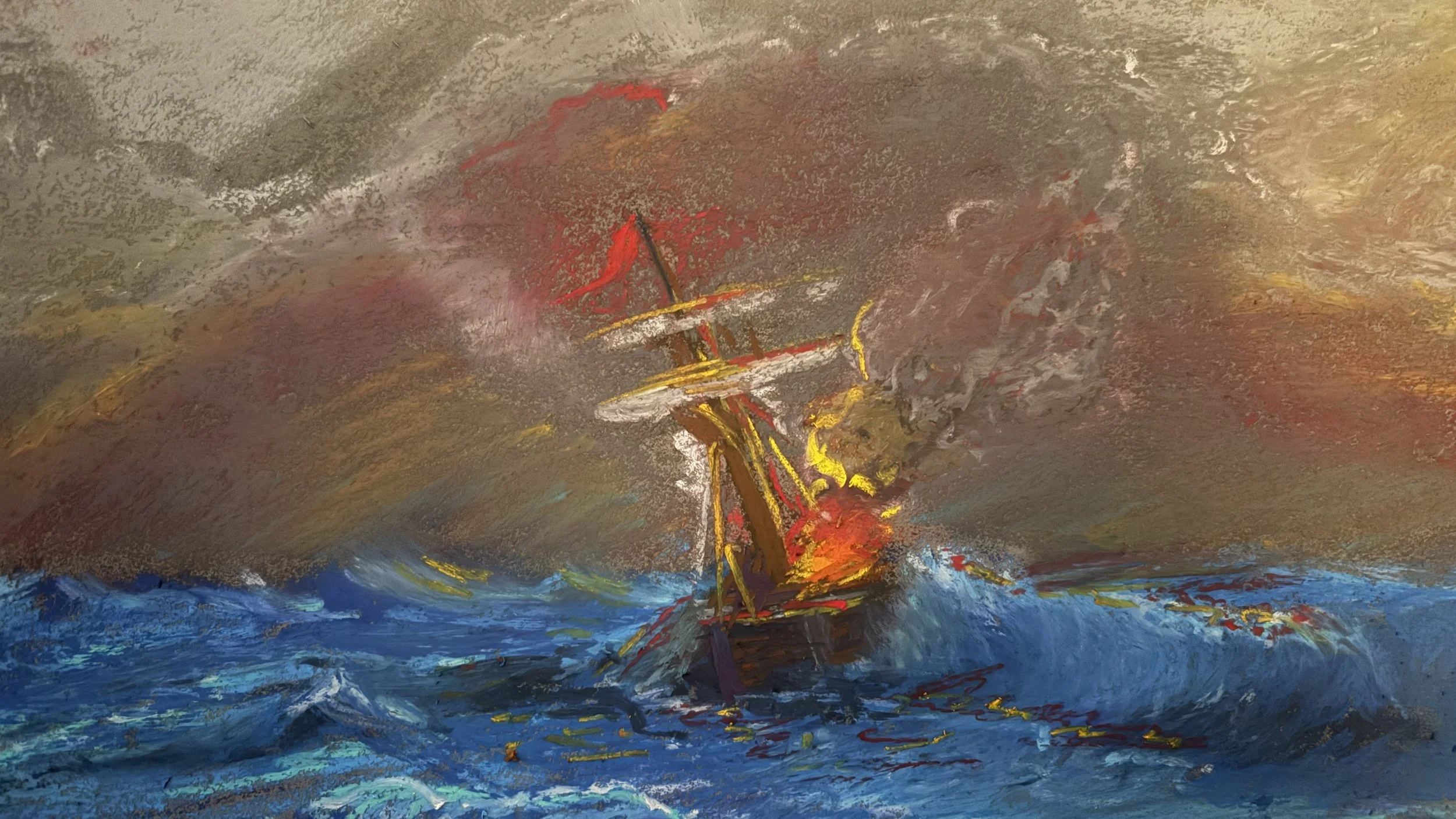 Work In Progress - Burning Ship 14x11" Oil Pastels on Panelbord