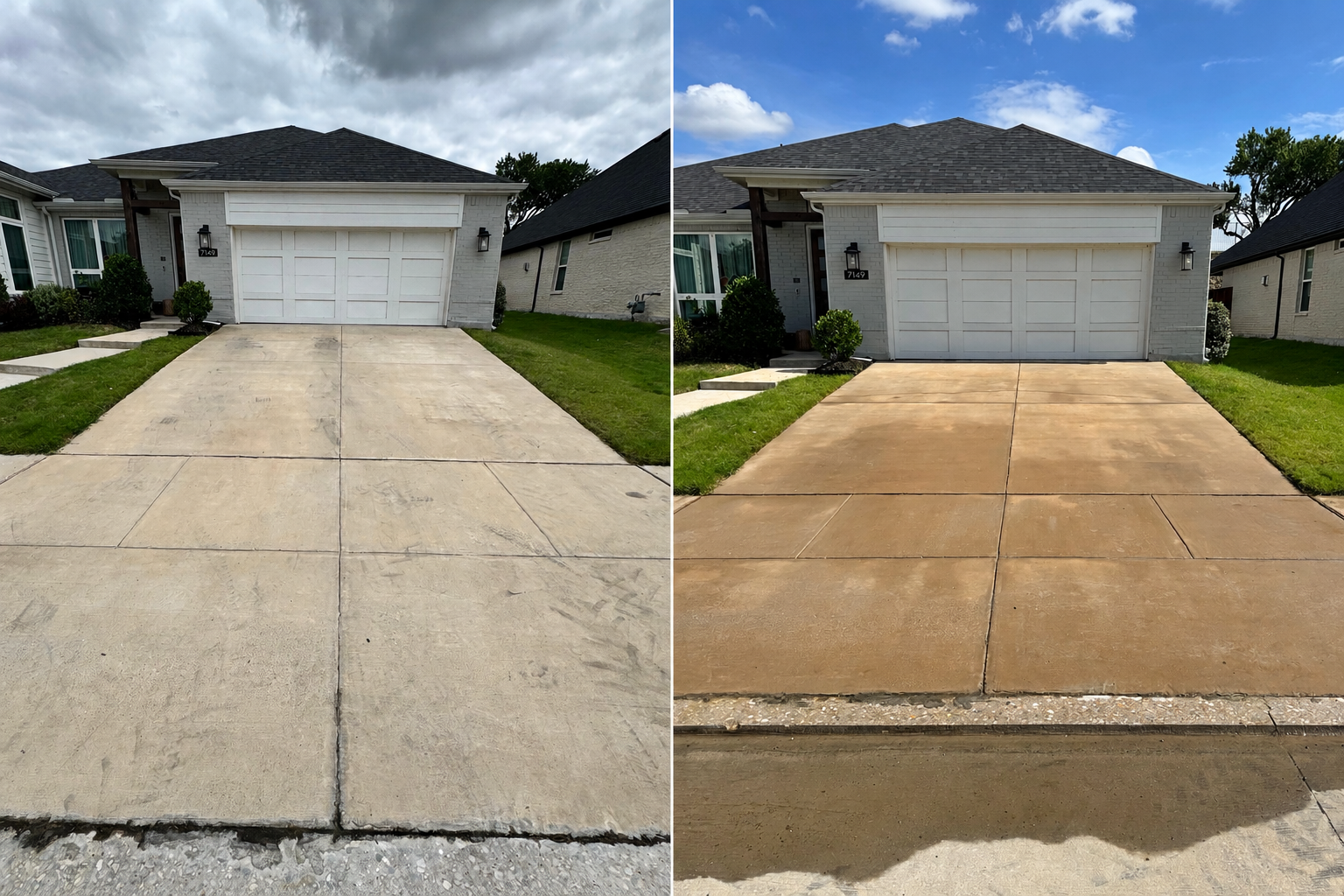 Comparison of driveway before and after cleaning, showing a dirty concrete surface on the left and a clean, tan-colored concrete surface on the right.
