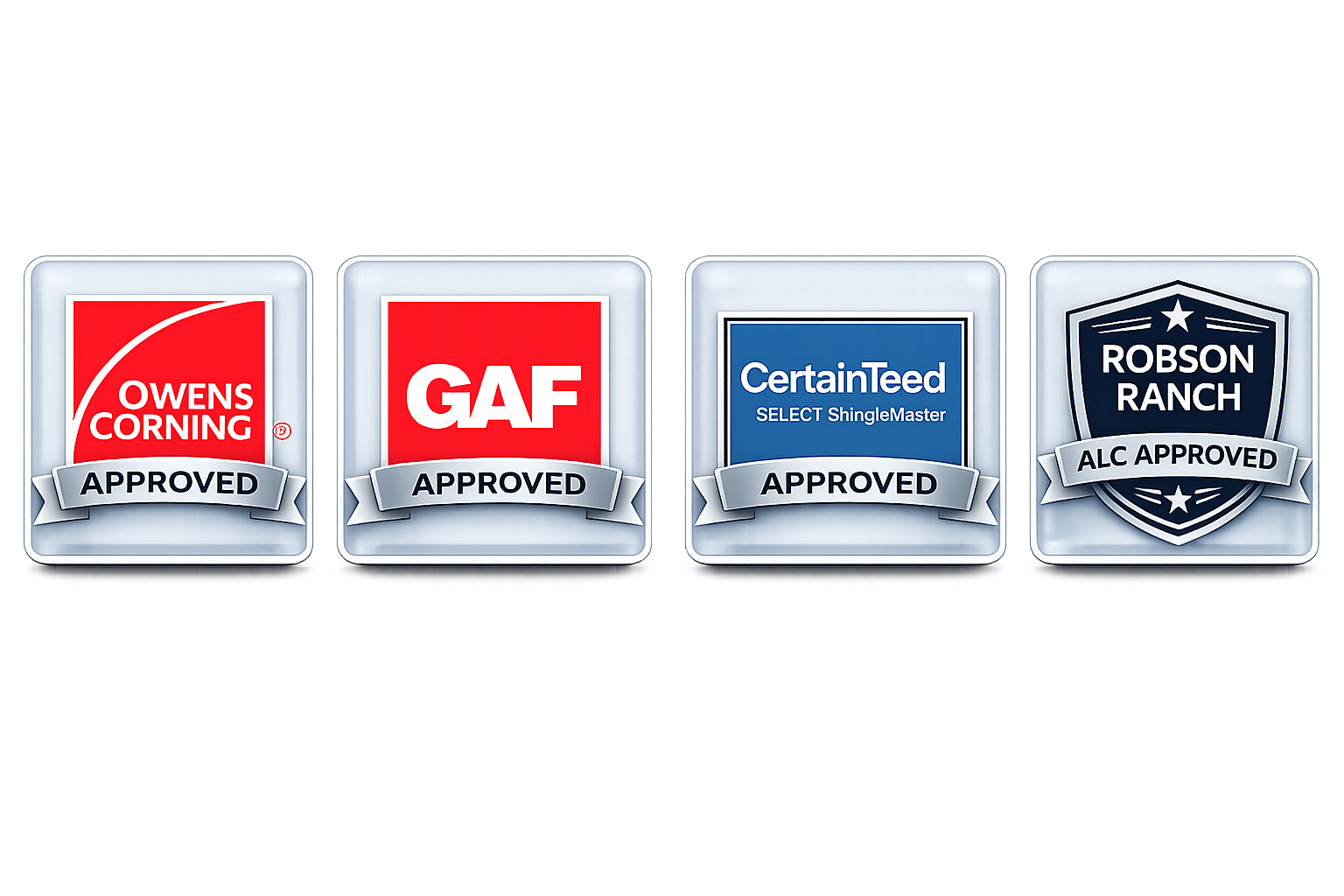 Four certification badges displayed in a row, each with approval status for different brands or standards. The first badge is for Owens Corning, the second for GAF, the third for CertainTeed, and the fourth for Robson Ranch, all indicating "Approved" or "ALC Approved."
