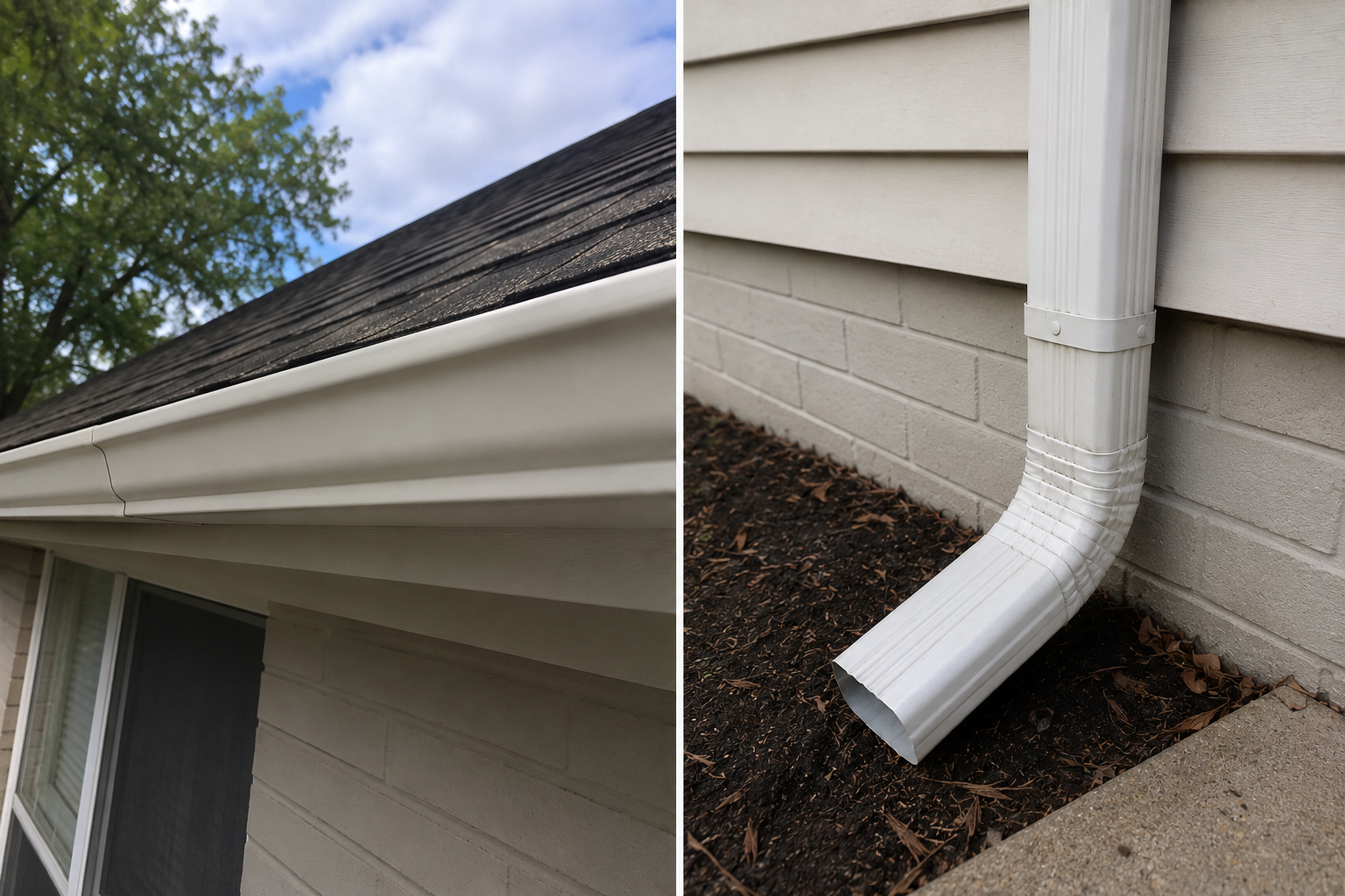 Left side shows the house's roof with black asphalt shingles, white rain gutter, and a window below. Right side displays a close-up of a white downspout attached to the house's exterior with a flexible gutter extension on the ground, against a brick wall, with soil and leaves nearby.