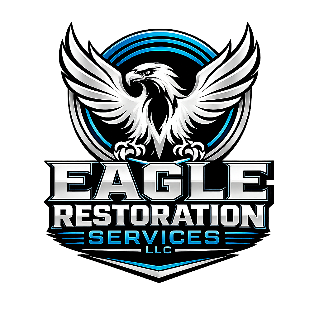 Logo for Eagle Restoration Services LLC featuring a stylized white eagle with outstretched wings, encircled by blue lines, and bold text reading "Eagle Restoration Services LLC."