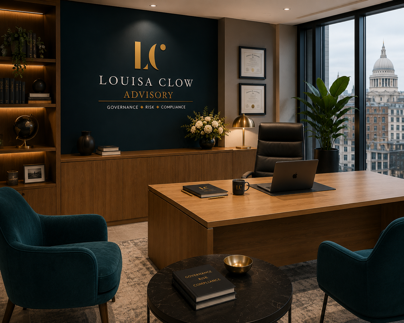 A modern office with a wooden desk, black leather chair, and blue armchairs. There is a large window showing city buildings and a dome, a bookshelf with decor, a potted plant, flowers, framed certificates, and a sign that reads 'Louisa Clow Advisory' with key words 'Governance, Risk, Compliance'.