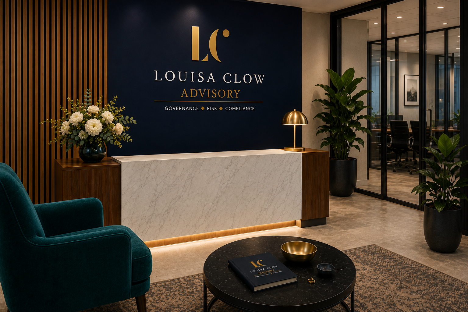 Modern business reception area with floral arrangement, marble front desk, green velvet armchair, potted plants, golden desk lamp, and glass-walled conference room in the background featuring chairs and framed art.