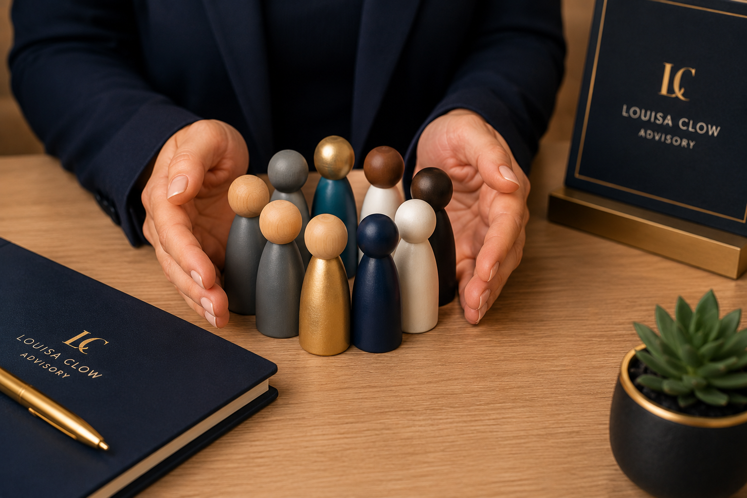 Person in a dark suit holding a circular arrangement of colorful wooden and painted figurines on a wooden desk, surrounded by business materials including a notebook and a potted plant.