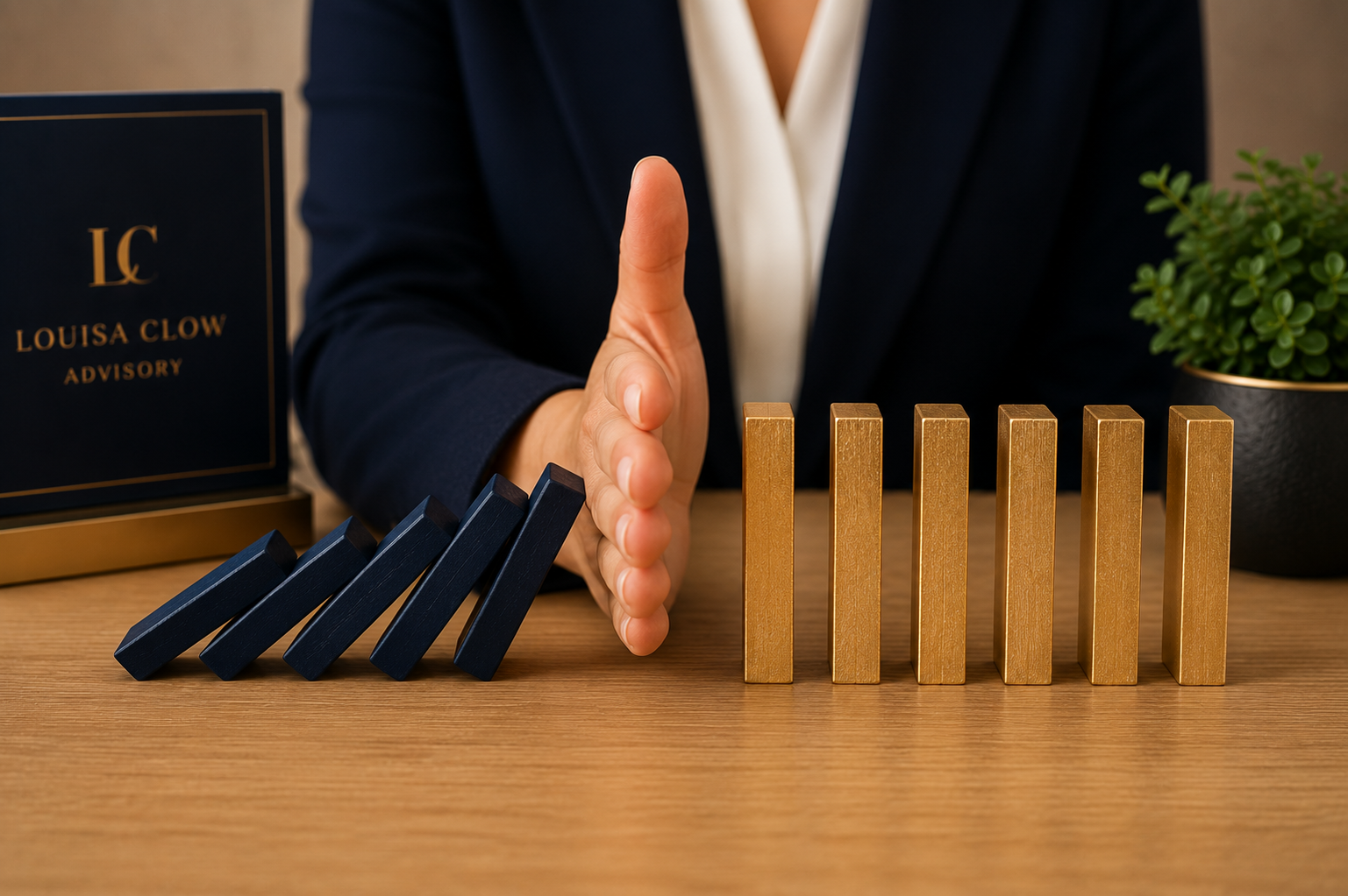A person stopping a chain reaction of falling dominoes with their hand, with black and gold dominoes on a wooden table, a plant, and a sign that reads 'Louisa Clow Advisory' in the background.