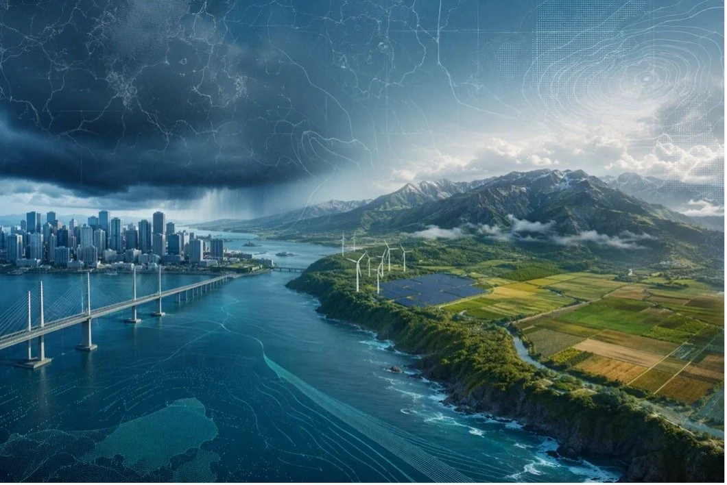 A digitally manipulated landscape combining a city skyline, a bridge, a river, lush green fields, wind turbines, mountains, and storm clouds with lightning, overlaid with digital data lines and weather patterns.