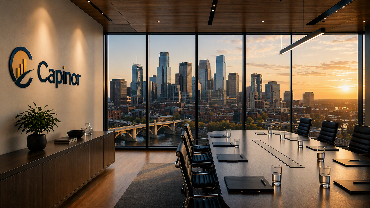 Sunset view of a city skyline through large glass windows from a modern conference room with a long table, black chairs, and a logo on the wall reading 'Capinor' with a bar chart graphic.