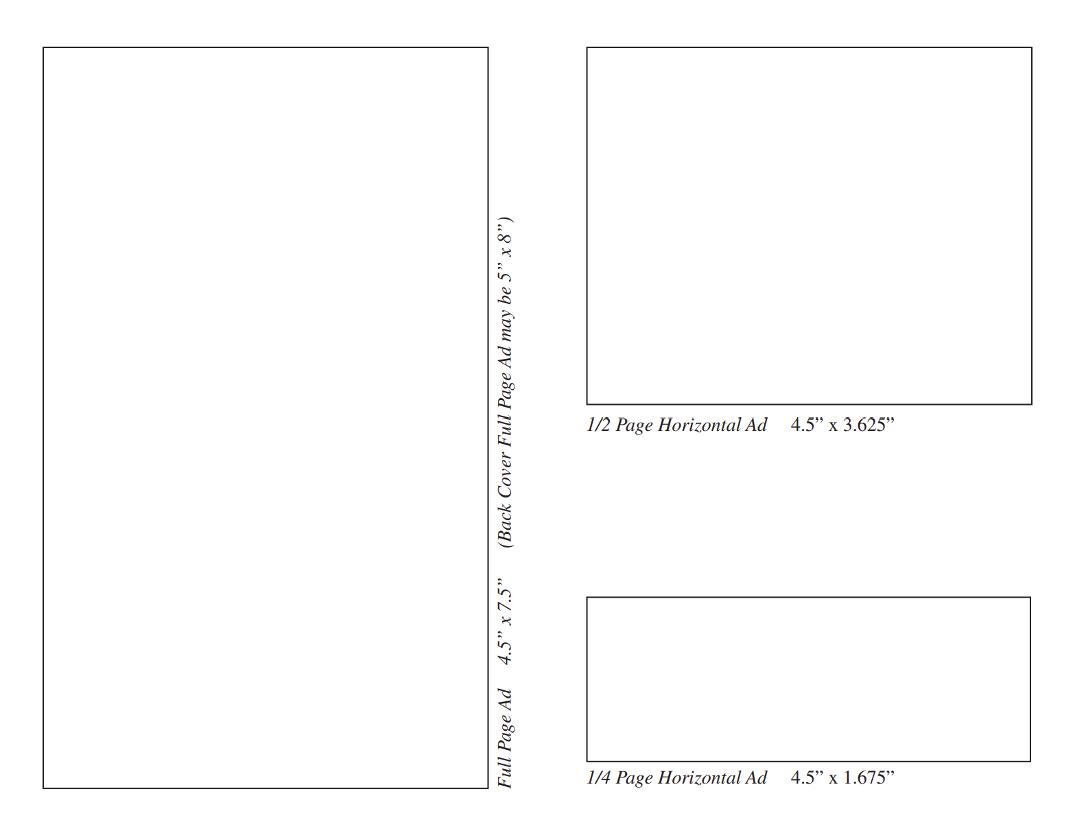 Template layout for various sizes of advertisements, including full page, half page, and quarter page ads, with specific dimensions labeled.
