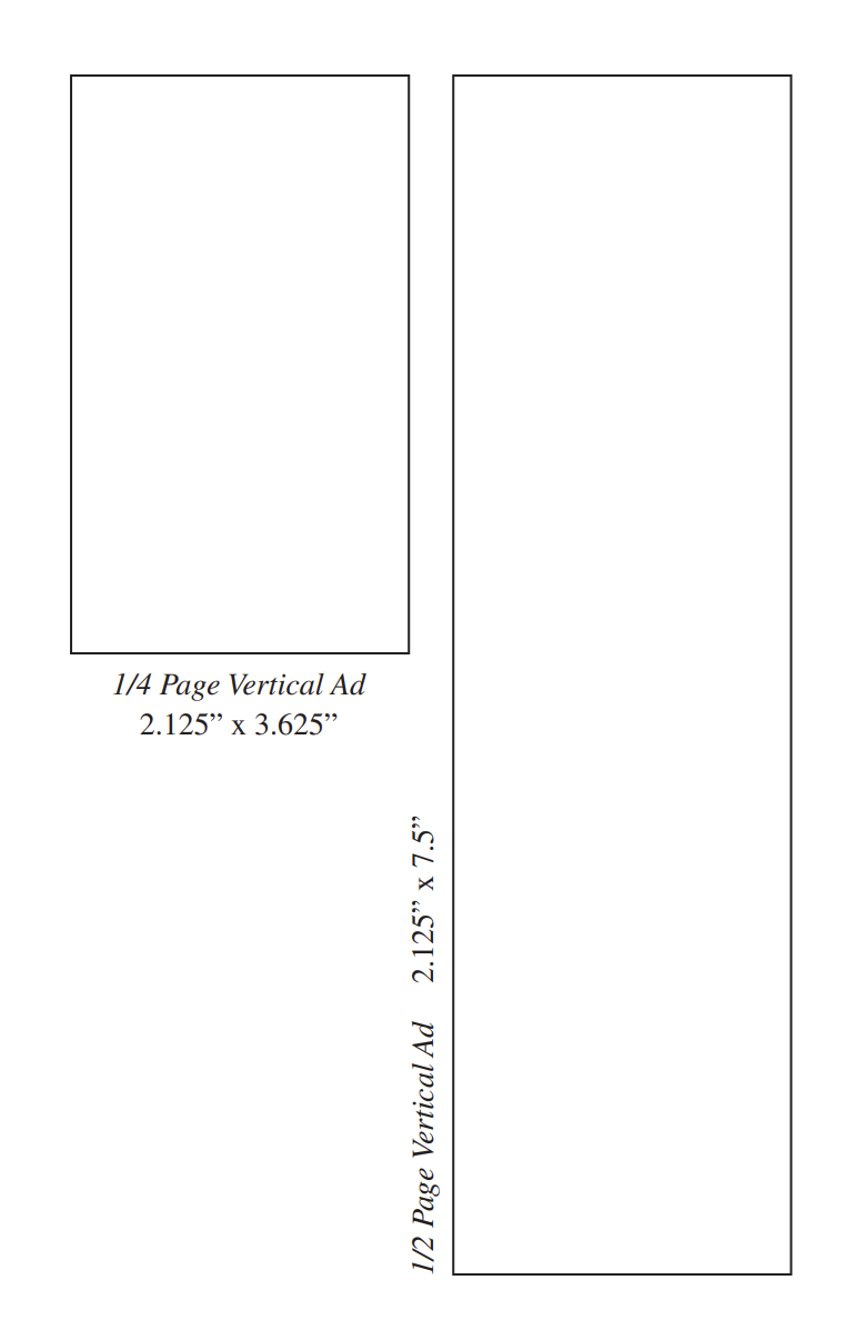 Diagram showing the layout and dimensions for a quarter-page vertical ad and a half-page vertical ad.