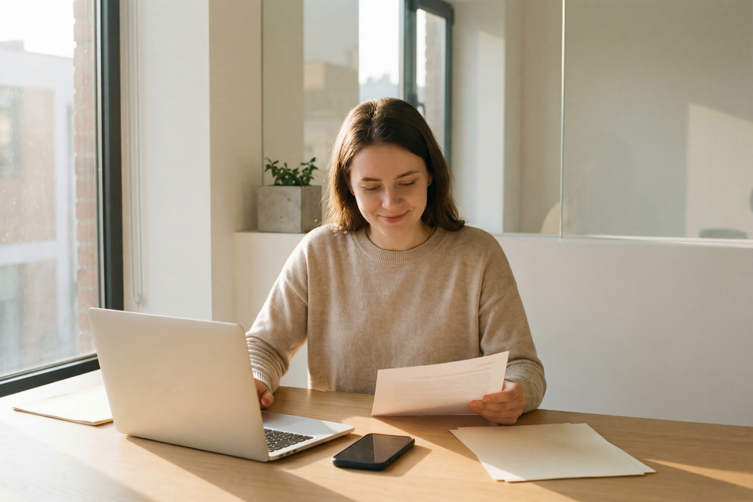 A woman sitting at a table in front of a laptop, holding a document, with a smartphone and papers on the table, near a window with sunlight.